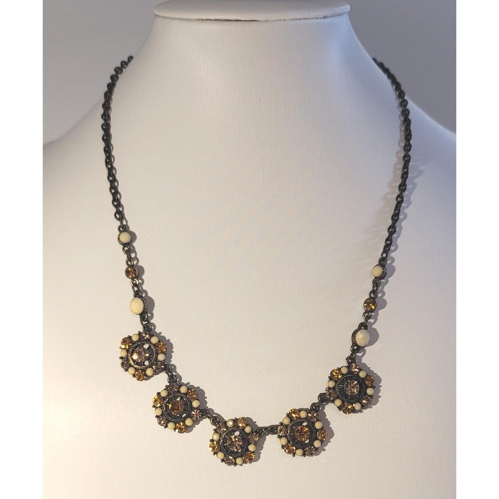 Vintage Bronze Tone Amber Rhinestone Floral Bib Necklace Cream Fluorescent Glow‎